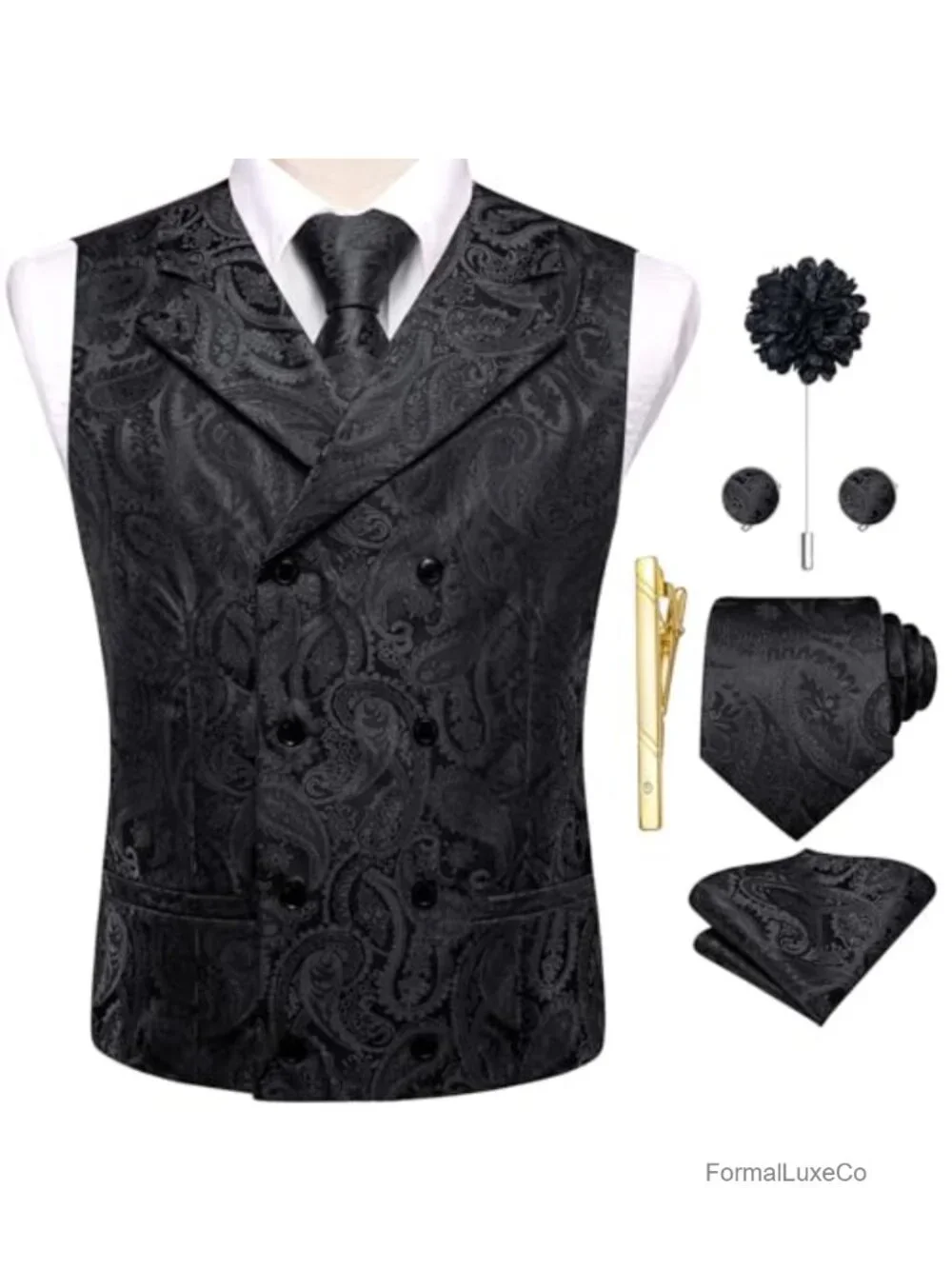 Men's Double Breasted Paisley Formal Vest & Tie Set 6 Pieces Wedding Party