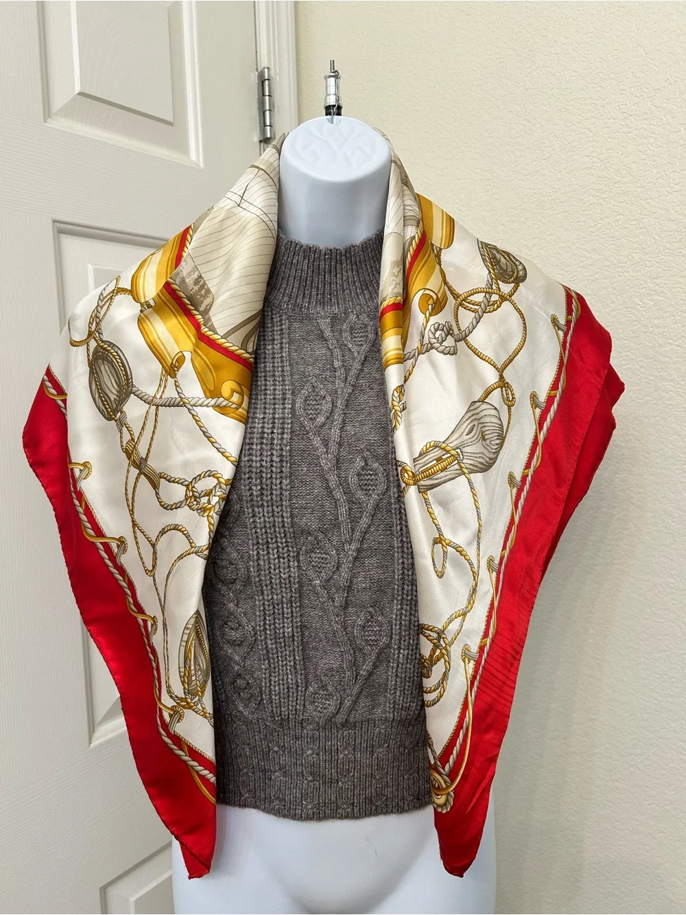 100% Silk Elegant Nautical Scarf in Red and Gold