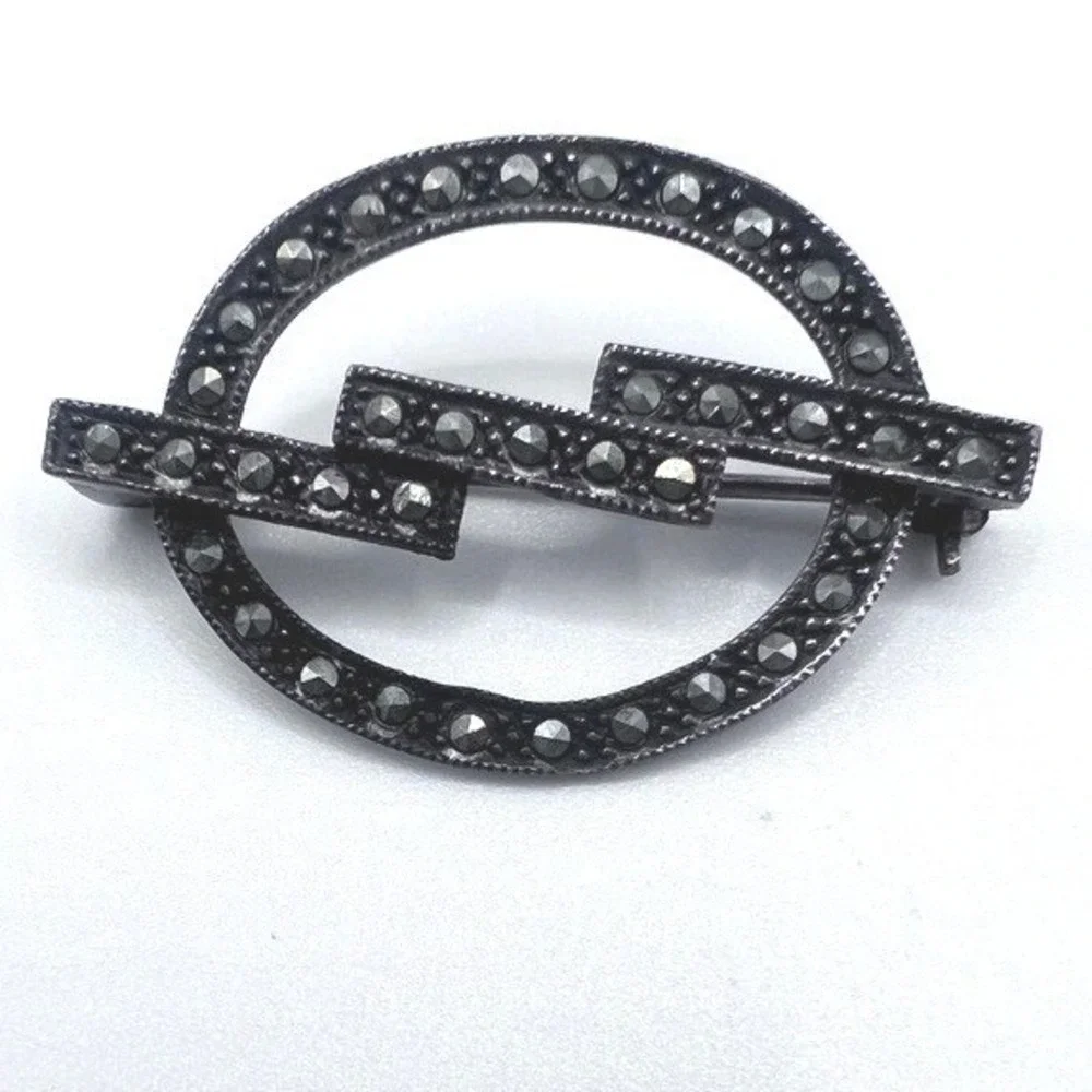 Art Deco Sterling Silver Marcasite Brooch Oxidized 1.5 X‎ 1