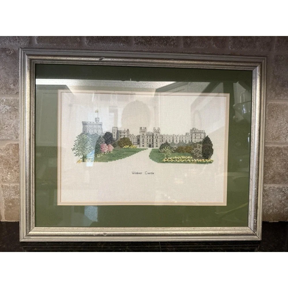 Vintage Framed Cross Stitch Windsor Castle 16x21 Wall Art‎ UK Cottagecore