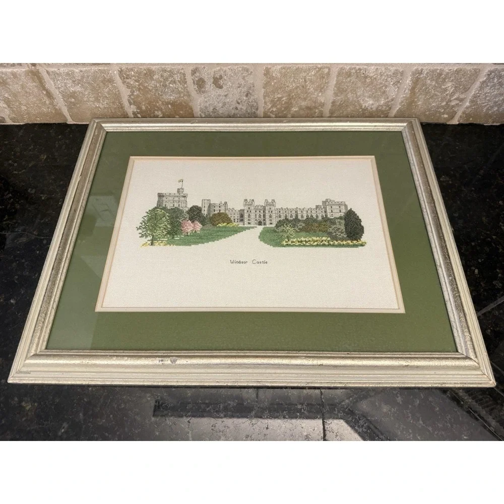 Vintage Framed Cross Stitch Windsor Castle 16x21 Wall Art‎ UK Cottagecore