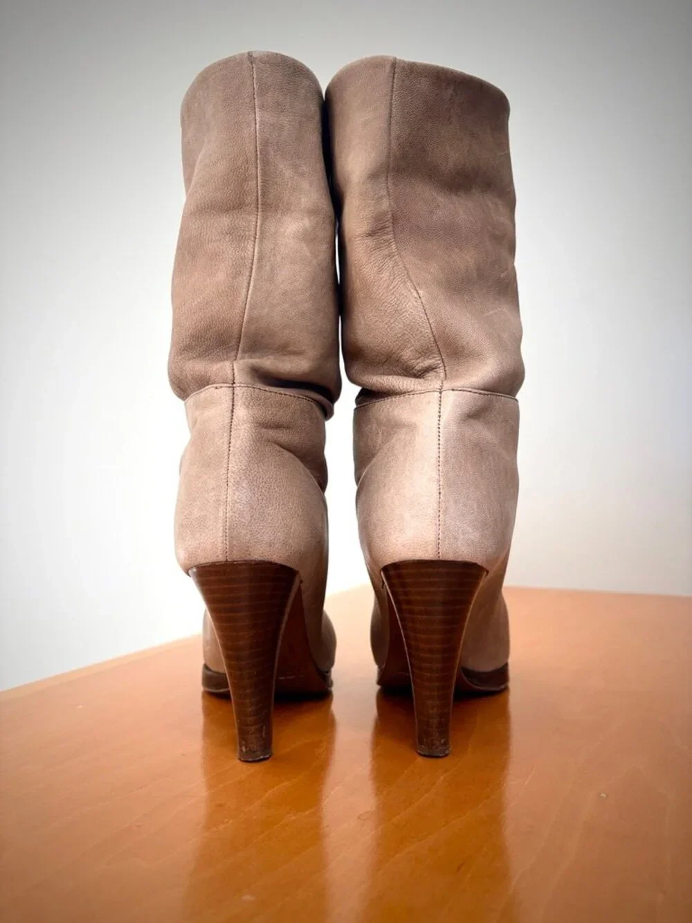 J. Crew Taupe Leather Foldover Heeled Platform Boots, Size 7