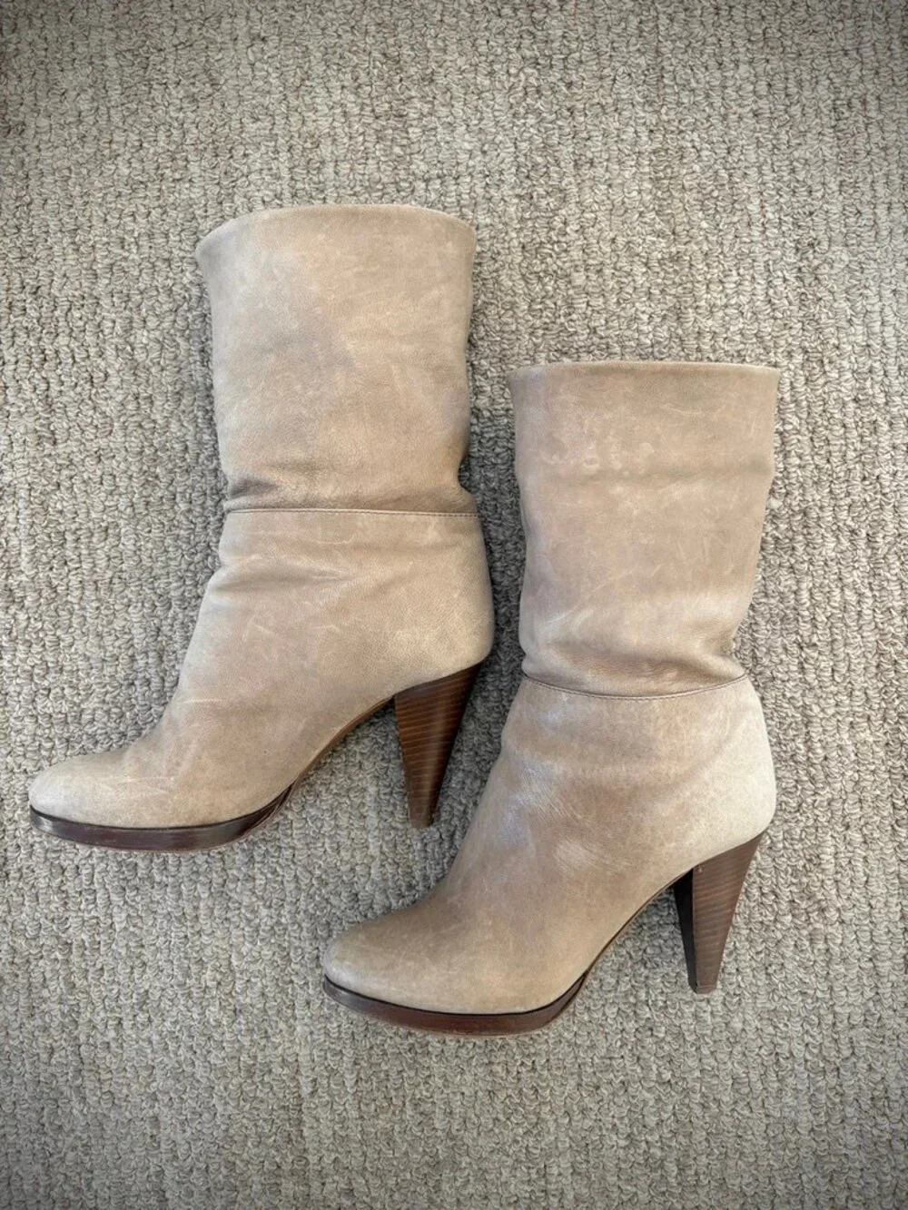 J. Crew Taupe Leather Foldover Heeled Platform Boots, Size 7