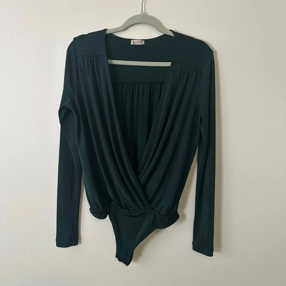 Free People Intimately dark green long sleeve v-neck bodysuit size M