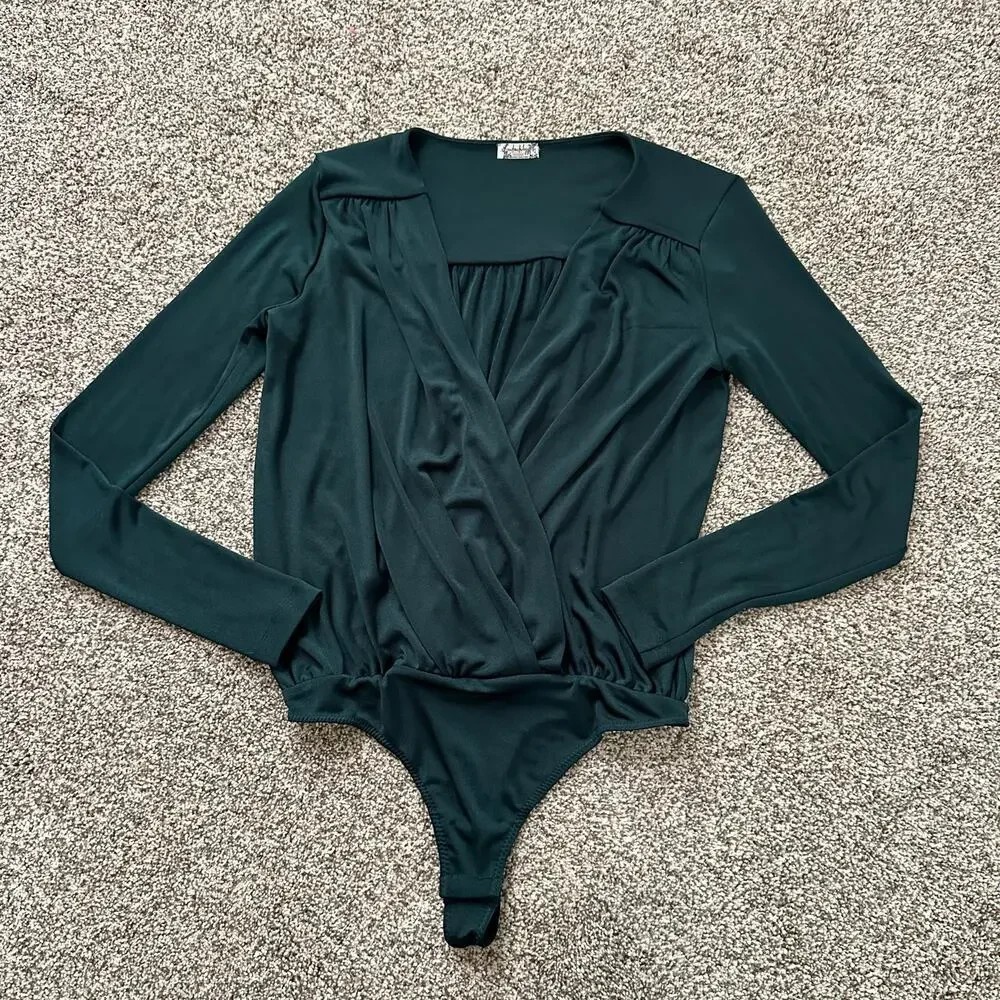 Free People Intimately dark green long sleeve v-neck bodysuit size M
