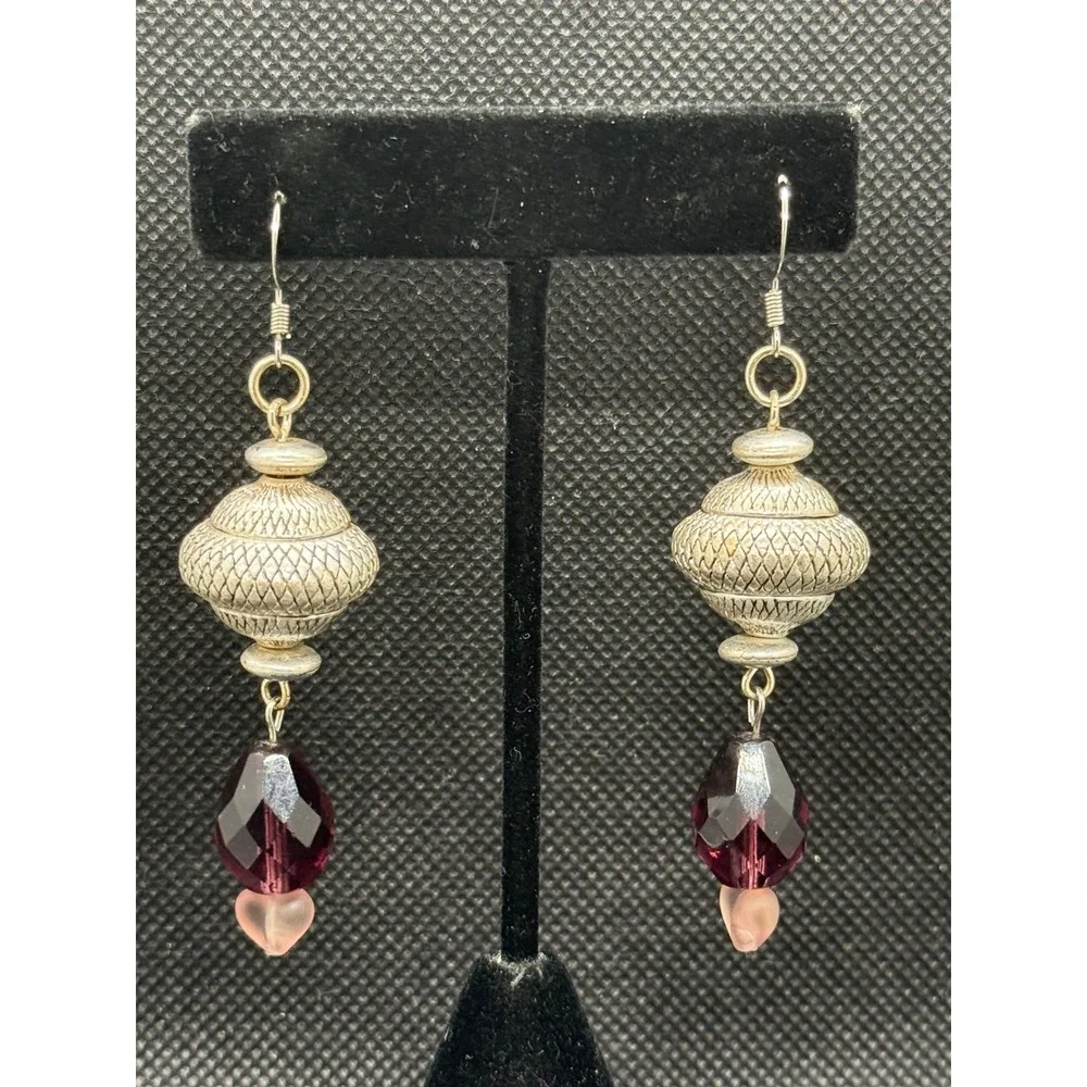 Boho Silver Tone Textured Metal Amethyst & Pink Heart Czech Glass Drop Earrings