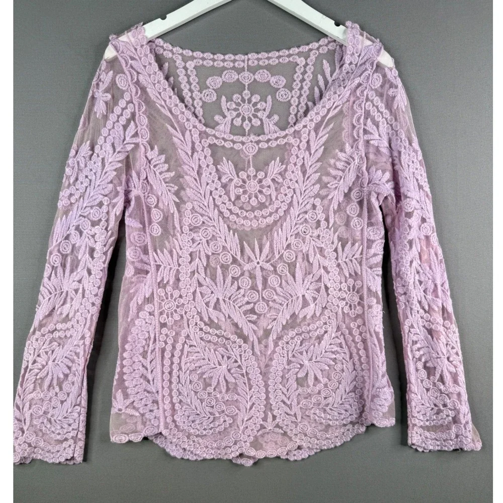 Lace Top Womens L Lavender Purple Sheer Floral Boho Long Sleeve‎ Ethereal Fairy