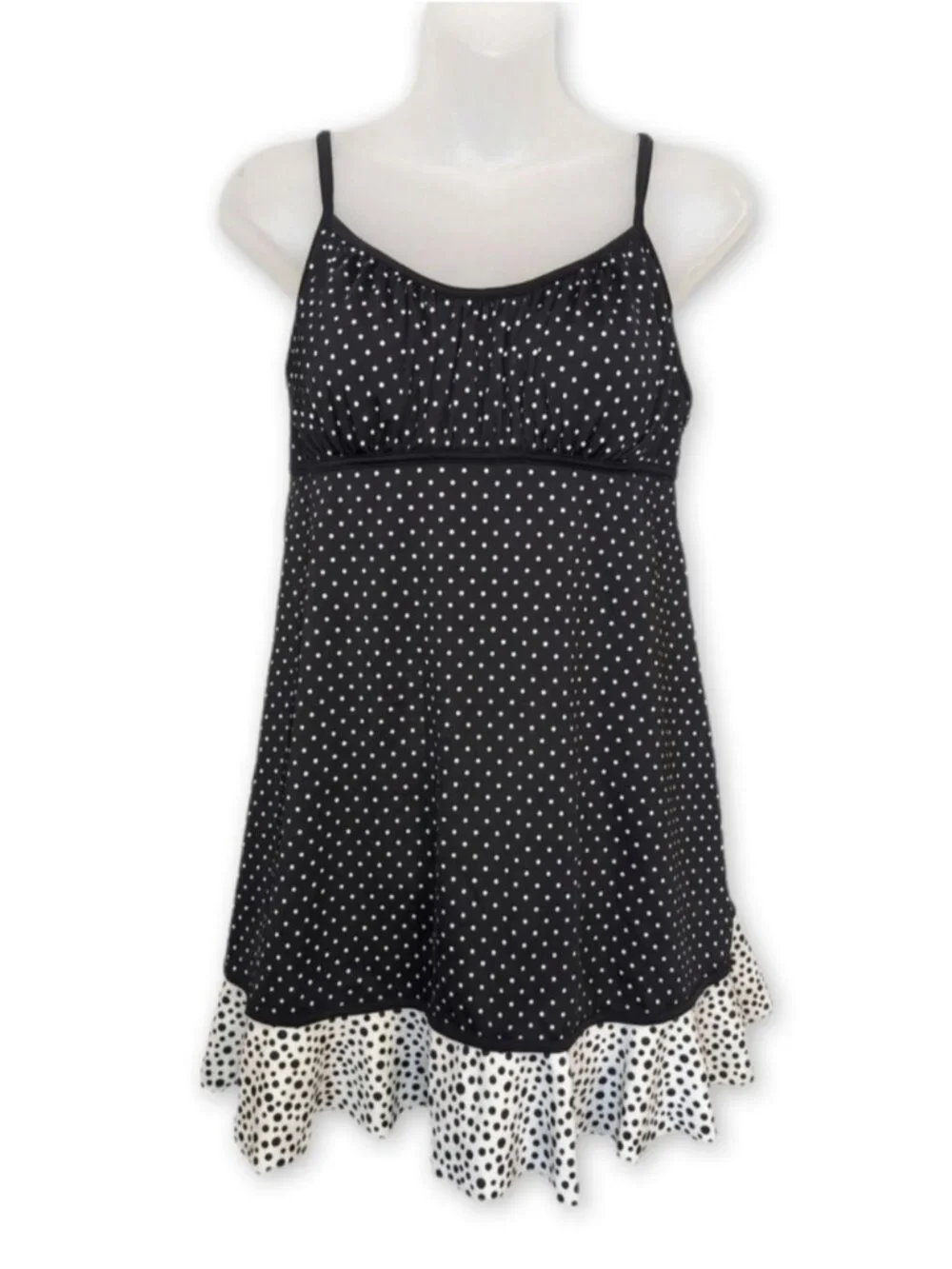 Mainstream Polka Dot Swim Dress Size 14 Black White Ruffle Hem Retro One Piece