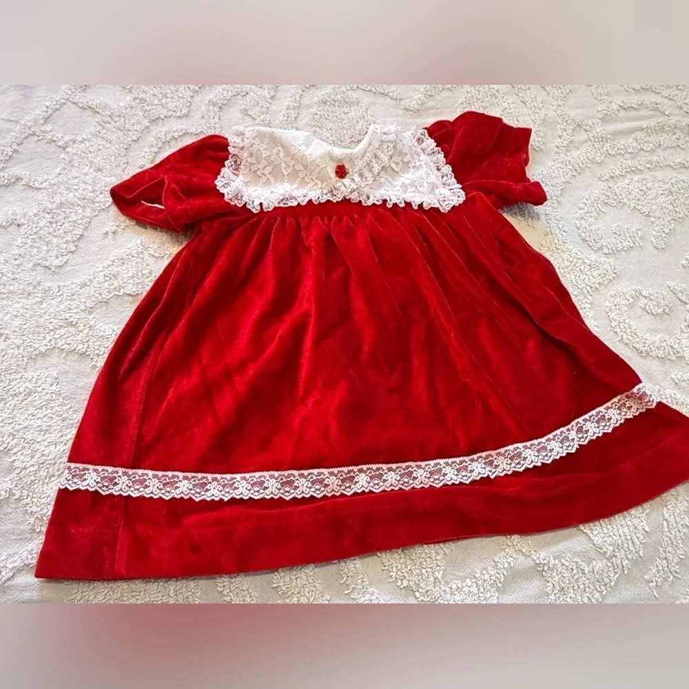 Red Velvet Baby Dress with Lace Trim