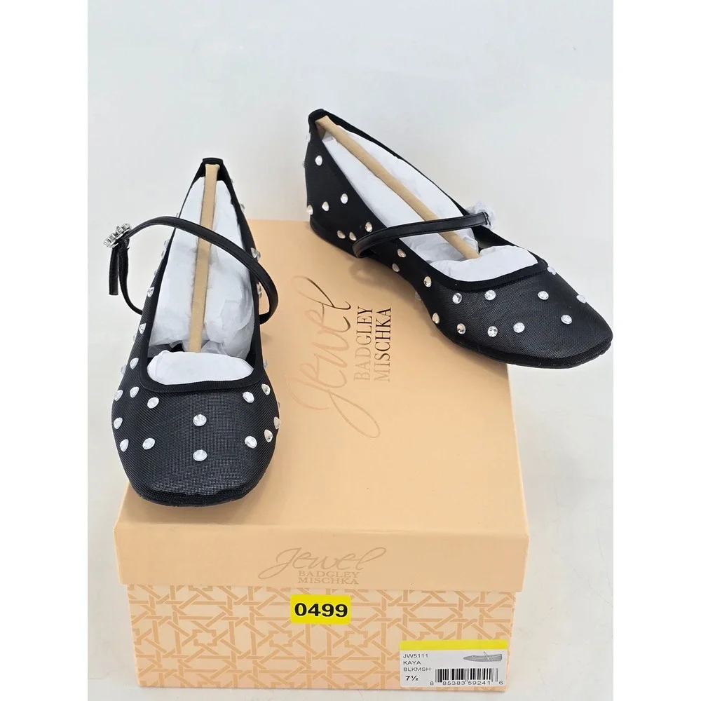 Jewel Badgley Mischka Kaya Flats Womens 7.5 Black Mesh Rhinestone - New