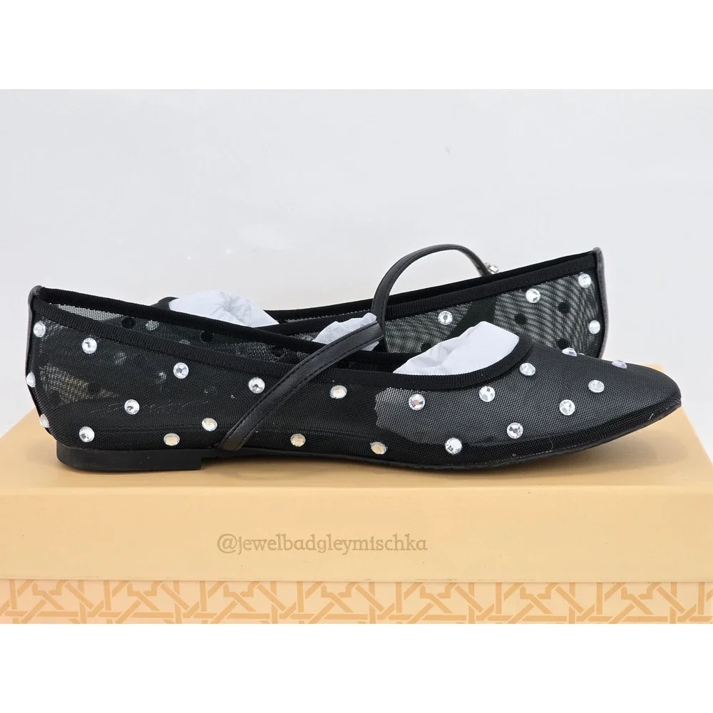 Jewel Badgley Mischka Kaya Flats Womens 7.5 Black Mesh Rhinestone - New