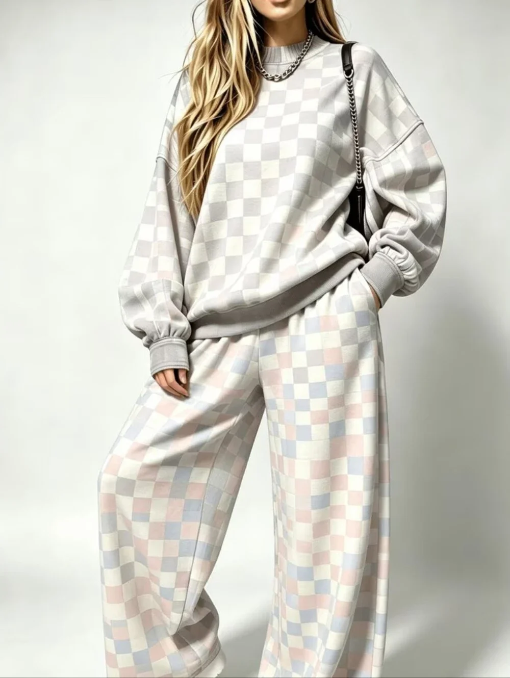 Pink And Gray Checkered Wide Leg Sweatpants and Sweatshirt Set