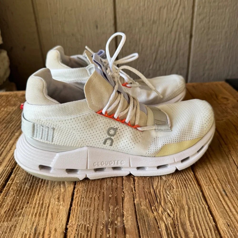 On Women's Cloudnova Running White and Orange/Purple Accent Sneakers