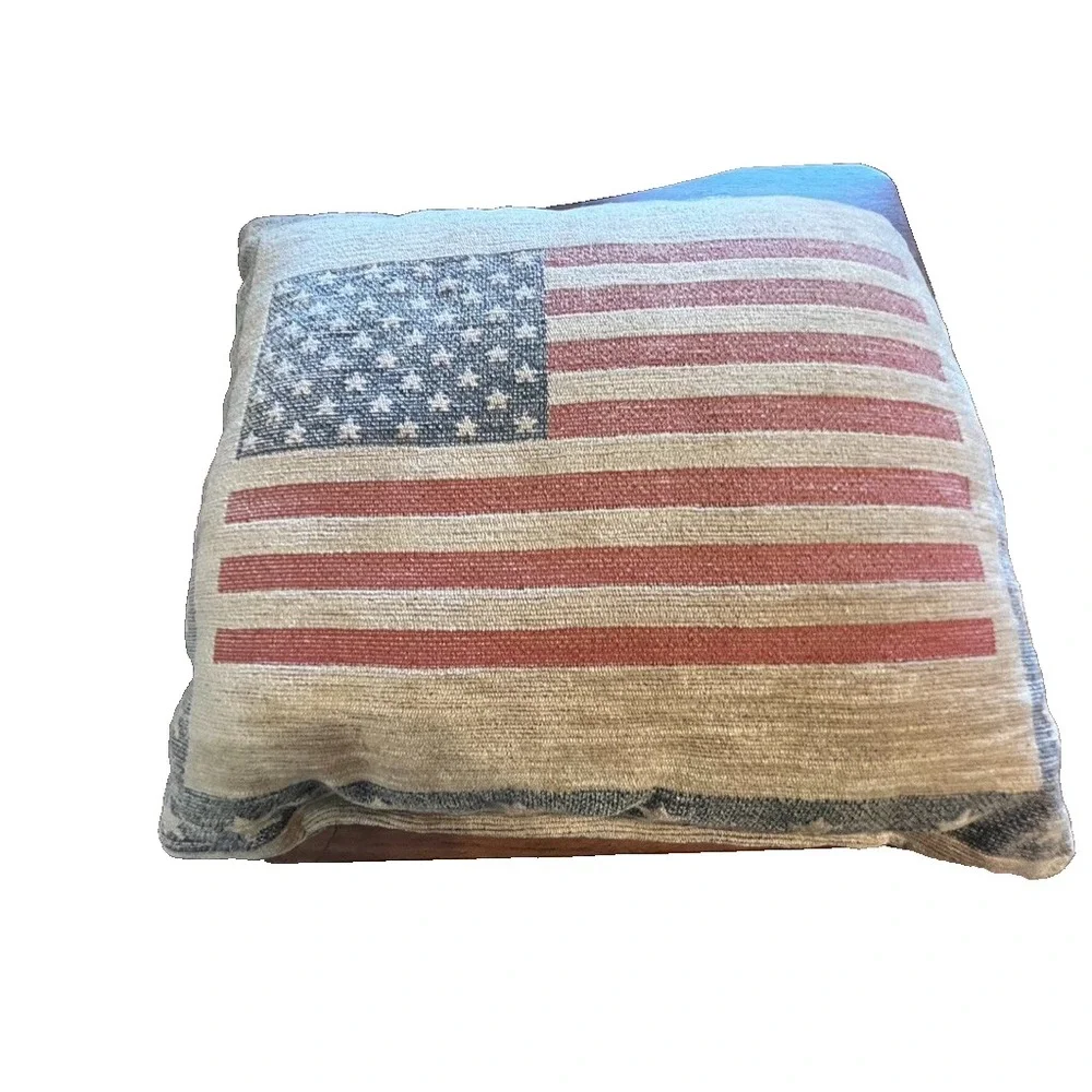 American Flag Woven Tapestry Throw Pillow Americana Preppy Stars Stripes Rustic