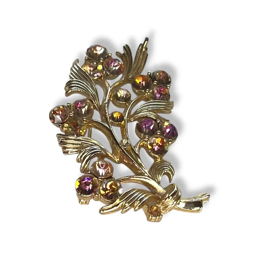 Vintage Lisner Brooch AB Stones Flower Bouquet Gold Tone Signed 50s 60s‎ Cottage