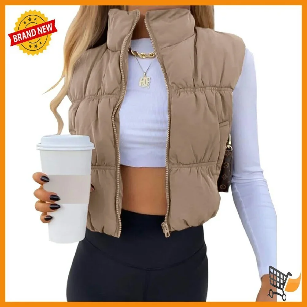 Women's Crop Puffer Vest Zip Up Lightweight Sleeveless Warm Outerwear