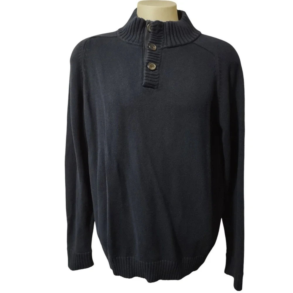 J.CREW Henley Knit Sweater Mens XL Navy Blue 100 Cotton Pullover Raglan 3 Button