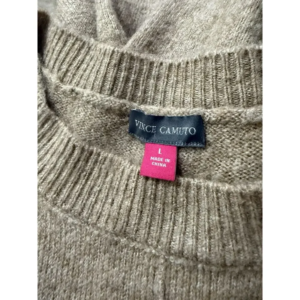 Vince Camuto Sweater L Taupe Tan Heathered Oversized Knit Pullover Large Seam