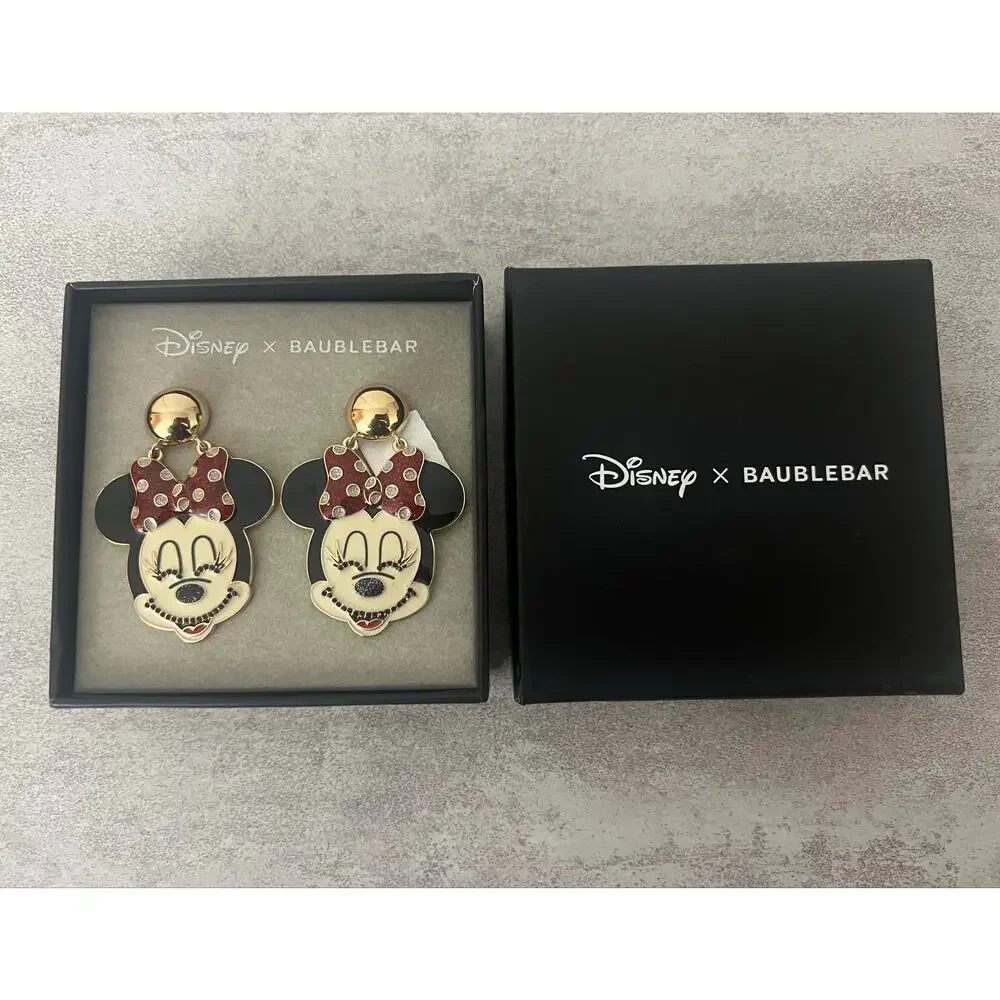 Disney Baublebar Minnie Mouse Red Sparkle Bow Drop Style Metal Earrings New