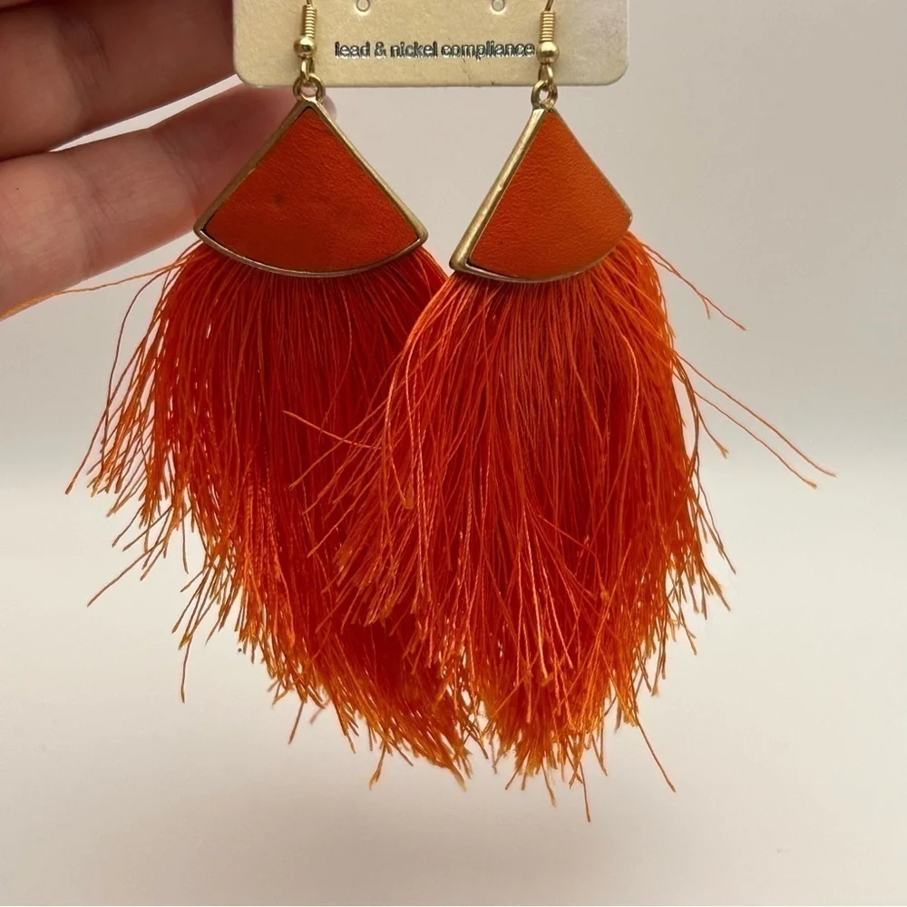 No. 3 Orange Genuine Leather Dangle Large Tassel Earrings Gold Tone Hook