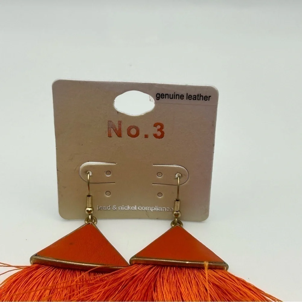 No. 3 Orange Genuine Leather Dangle Large Tassel Earrings Gold Tone Hook