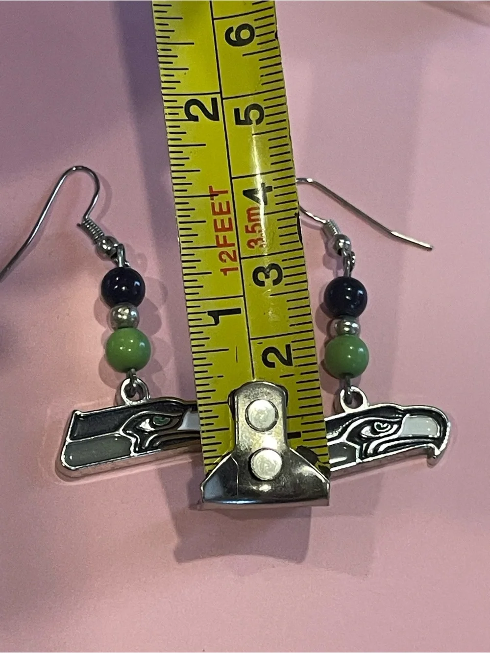 Seattle Seahawks Dangle Earrings Fan Beads w/ Charm #6816