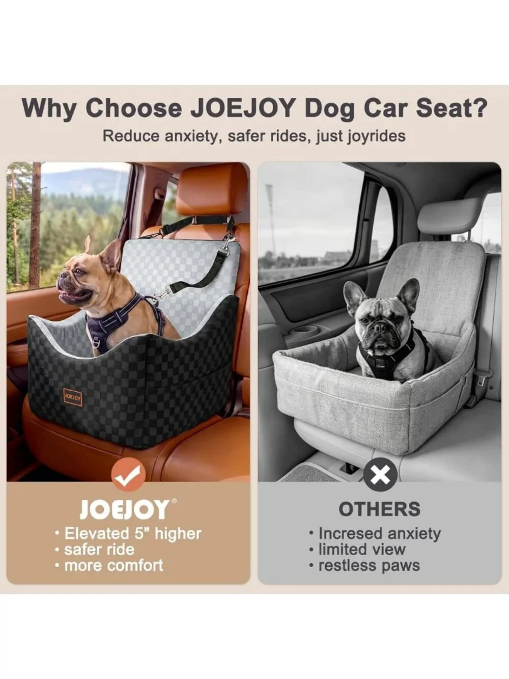 Elevated Dog Car Seat for Small/Medium Dogs, Memory Foam Booster, Washable