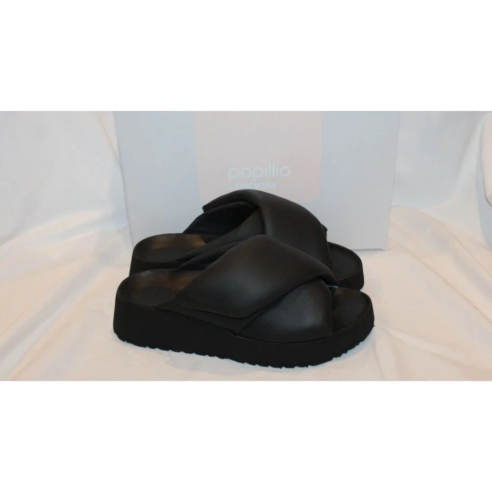 Birkenstock Theda Cross Strap Leather Sandals Platform Black EU 38 NARROW $185