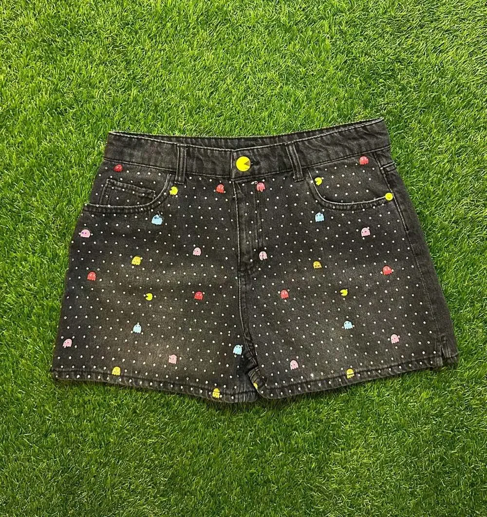Justice Girls Black Pac-Man Embellished Denim Shorts, Size 18