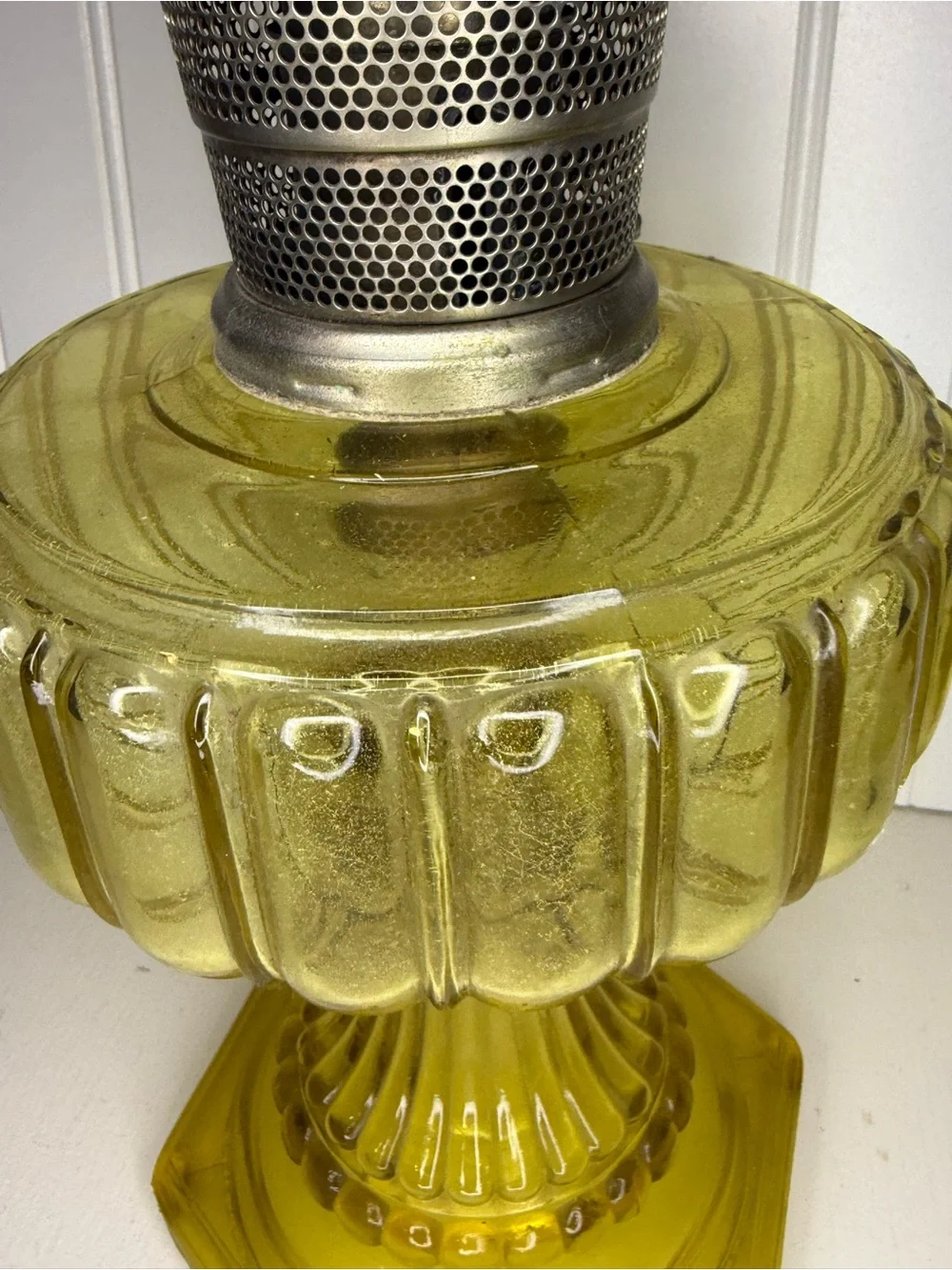 Yellow Pressed-Glass Pedestal Oil Lamp - Decorative Lantern Accent