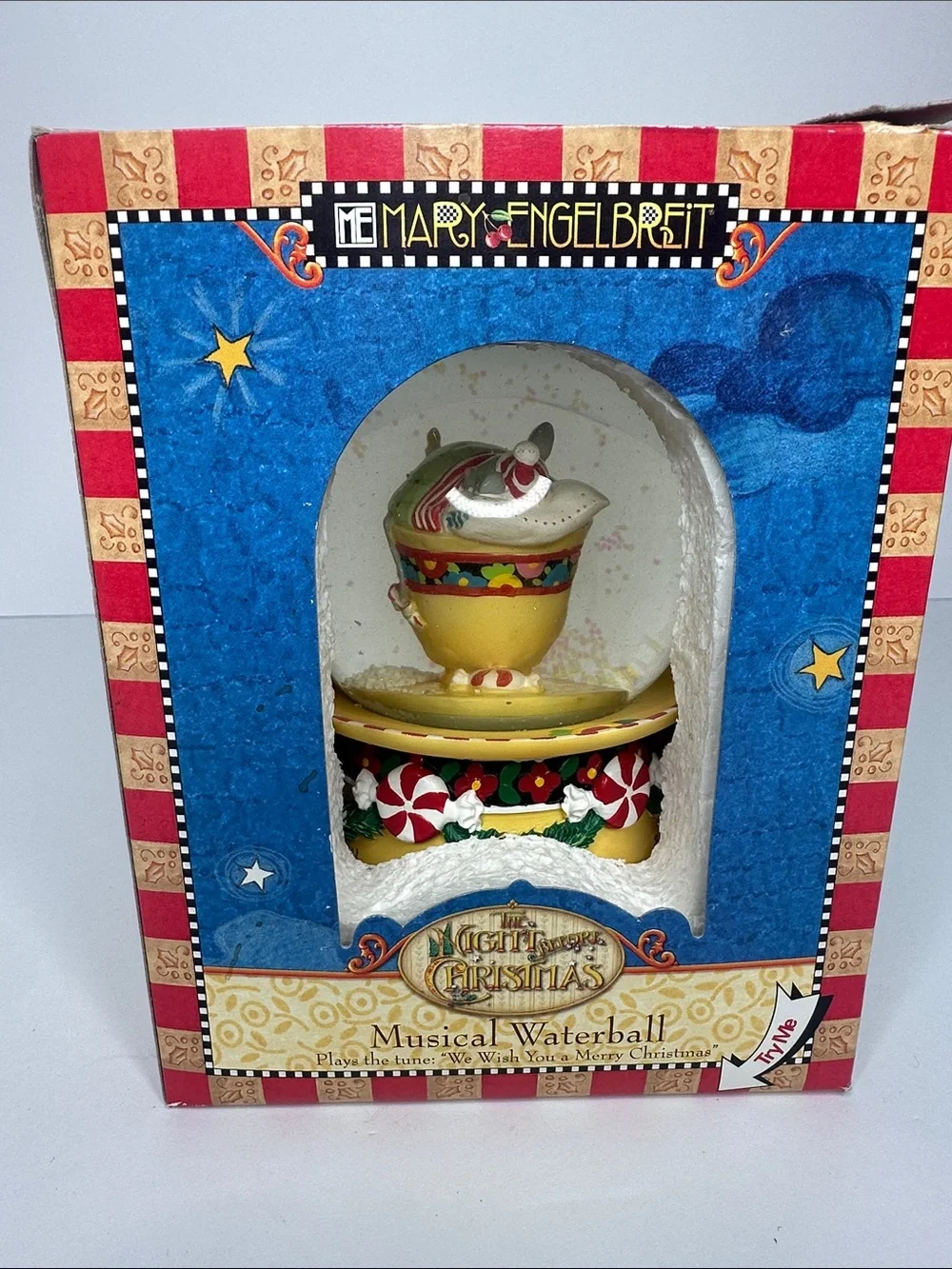 Mary Engelbreit Yellow Holiday Musical Waterball with Red and Green Accents