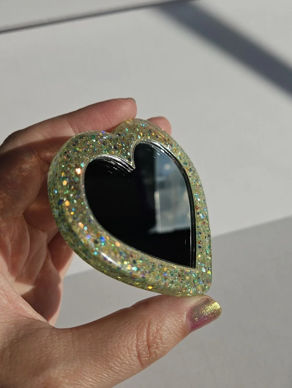 Handmade Green Glitter Mini Pocket Resin Mirror Makeup Mirror Frog Girly Cute