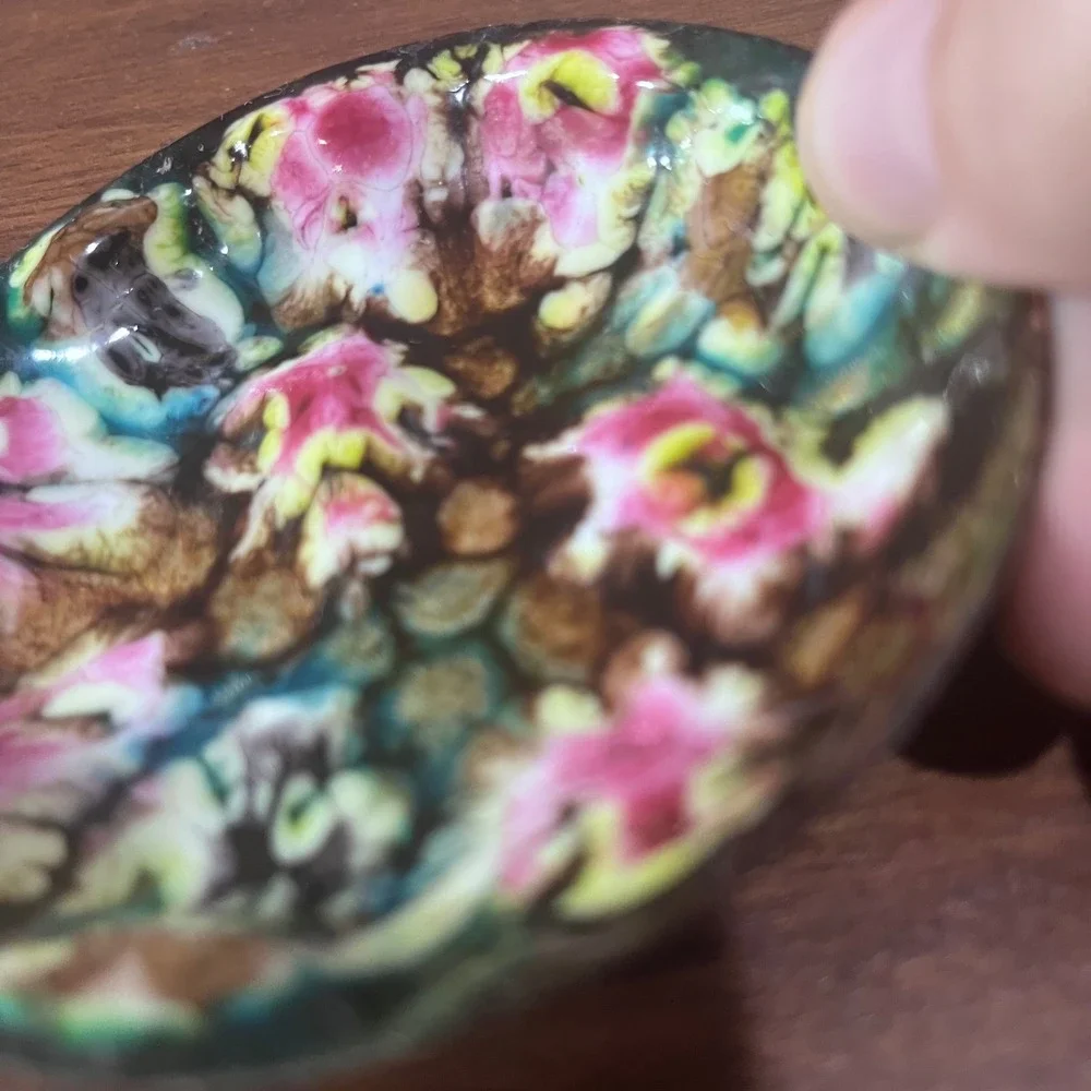 Vtg Enamel on Copper Small Round Trinket Dish Abstract Pink Blue Green 3.75
