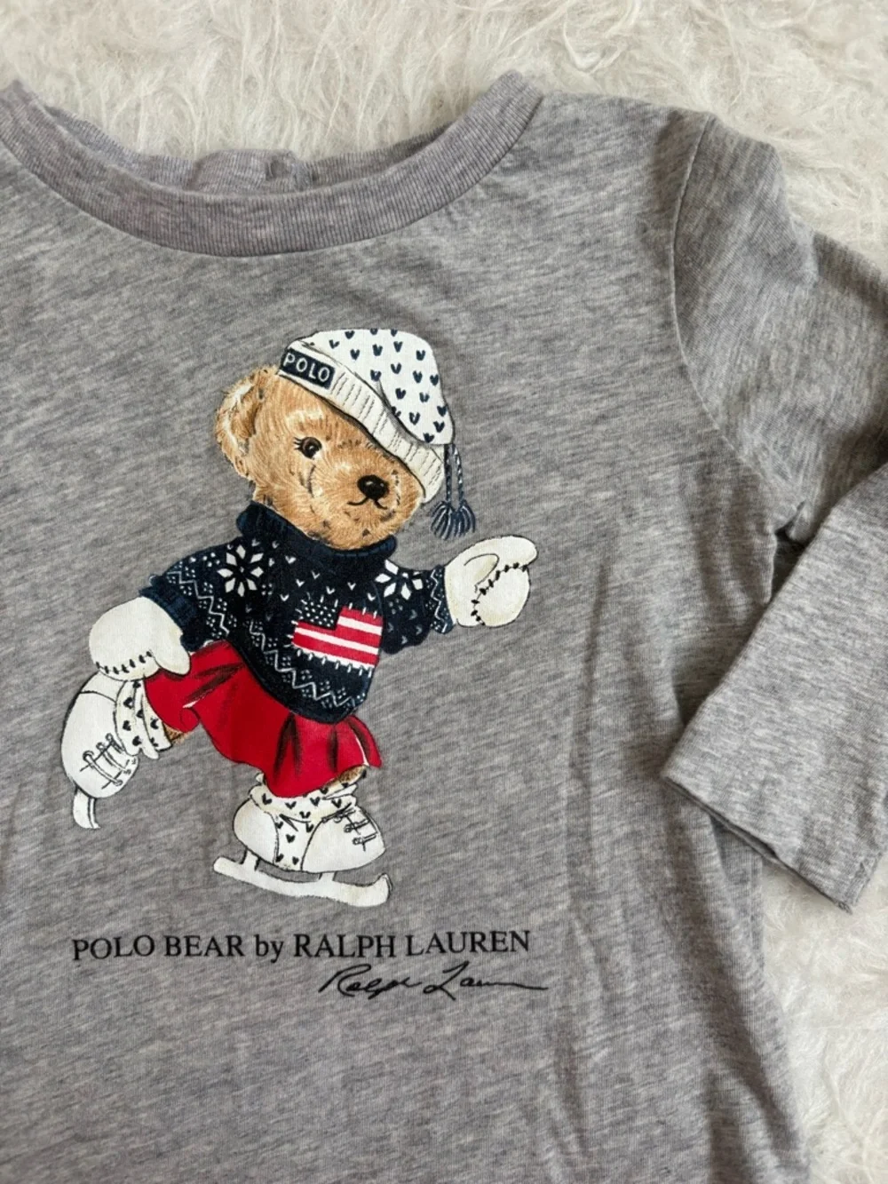 Ralph Lauren Preppy Gray Long Sleeve Iconic Festive Polo Bear Tee