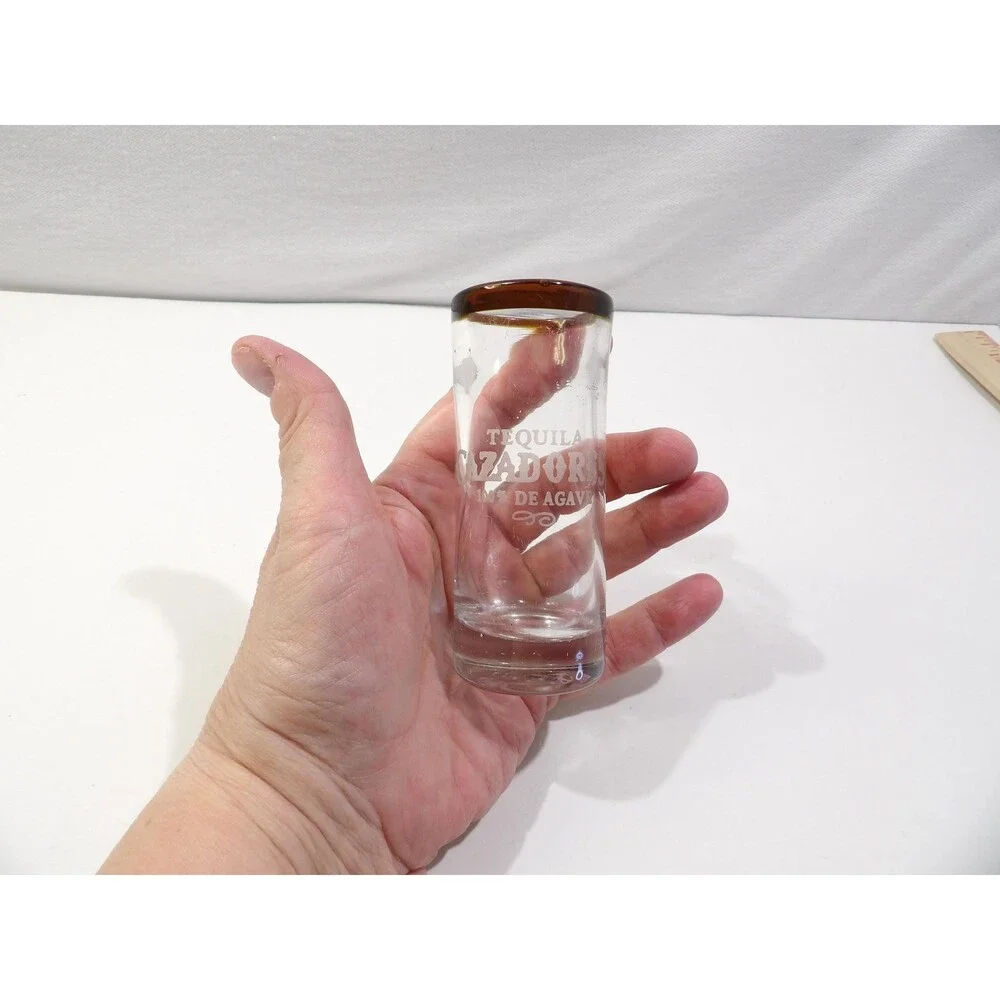 Cazadores Tequila de Agave Tall Brown Rim Shooter Blown Glass Shot Glasses 2pcs
