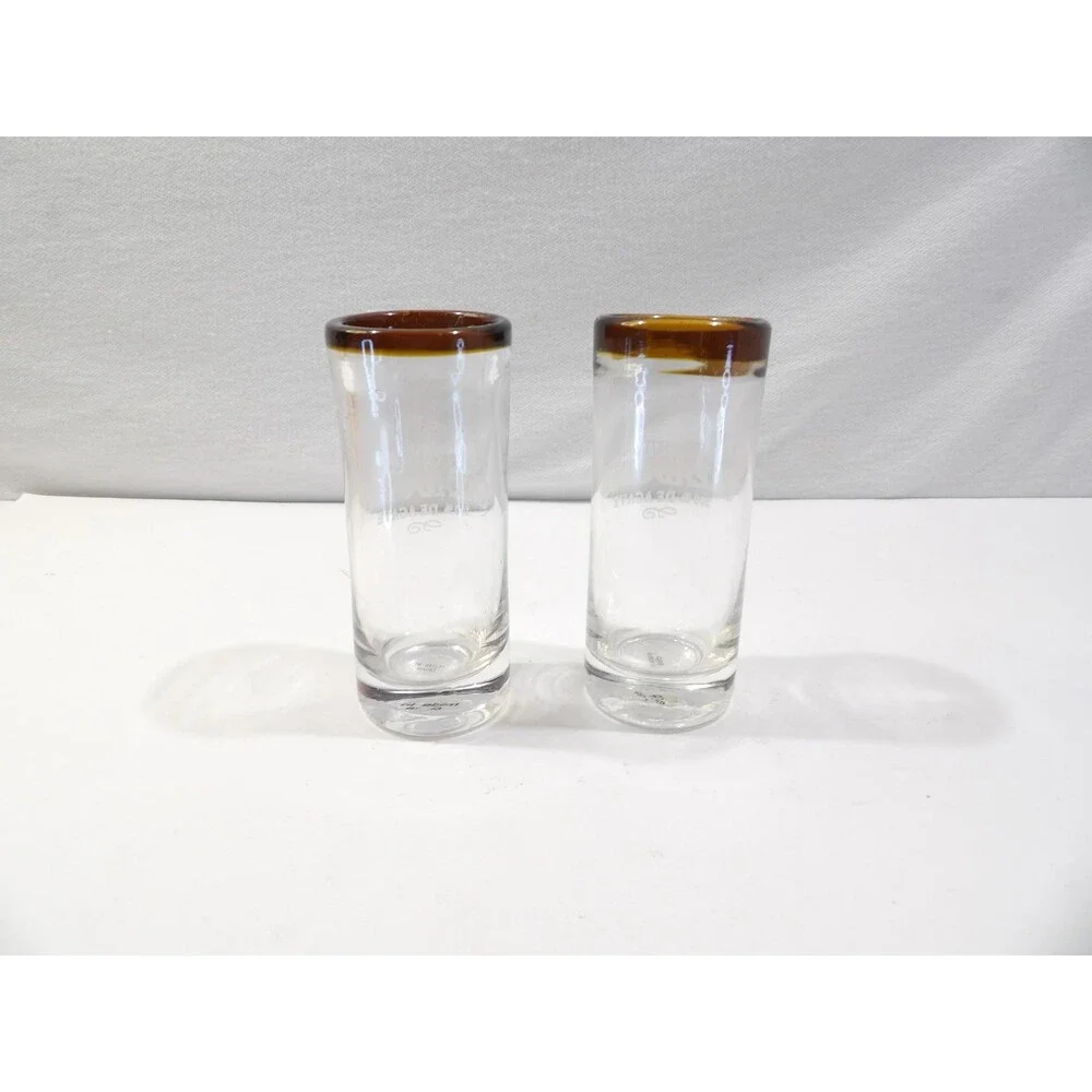 Cazadores Tequila de Agave Tall Brown Rim Shooter Blown Glass Shot Glasses 2pcs