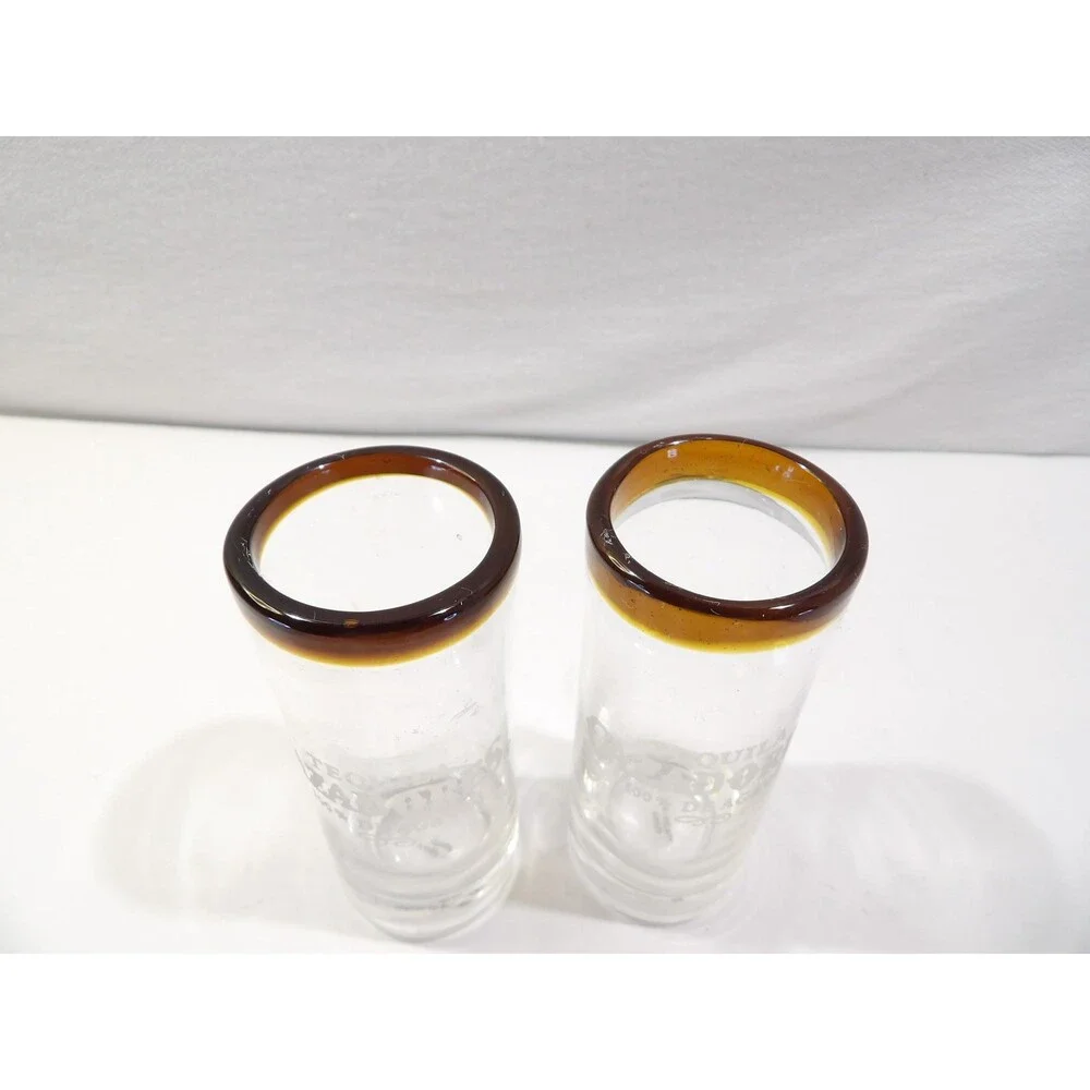 Cazadores Tequila de Agave Tall Brown Rim Shooter Blown Glass Shot Glasses 2pcs