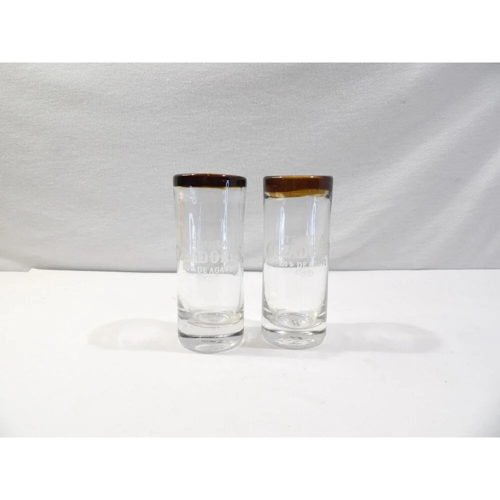 Cazadores Tequila de Agave Tall Brown Rim Shooter Blown Glass Shot Glasses 2pcs