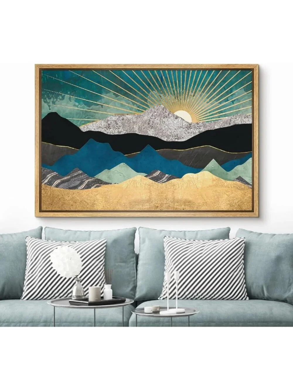 Framed Canvas Wall Art - Teal Gold Mountain Range Nature Print for Living Room
