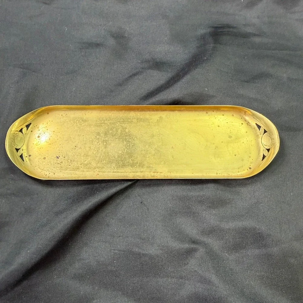 Vintage Brass Vanity Tray Art Nouveau Floral Cut Out Long Oval Trinket Dish 8