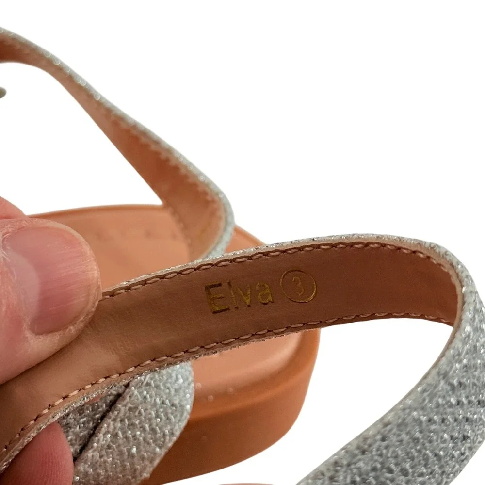 Girls Size 3 Elva Sandals Silver Glitter Strappy Buckle‎ Sparkle Shimmer Flat