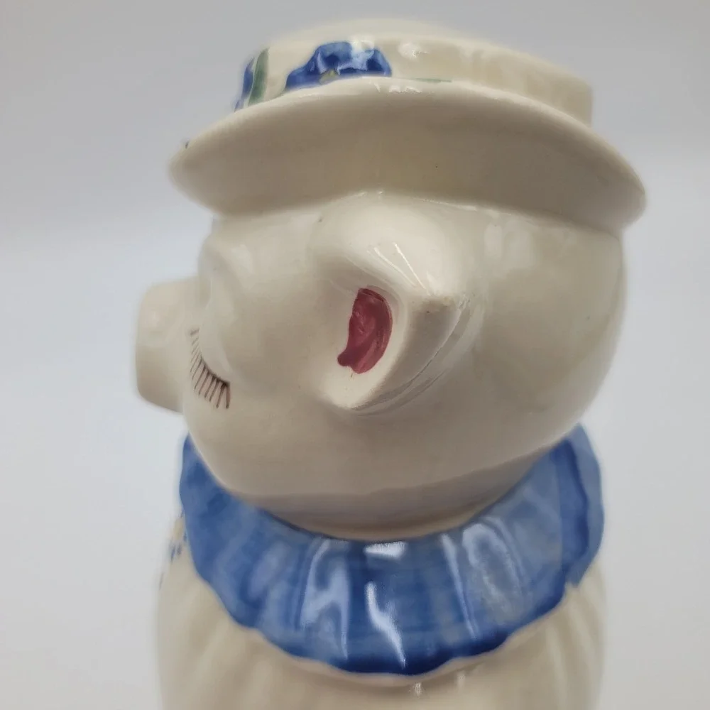 VTG Shawnee Winnie Ceramic Pig Cookie Jar Hand Painted Floral Hat Blue CHIP