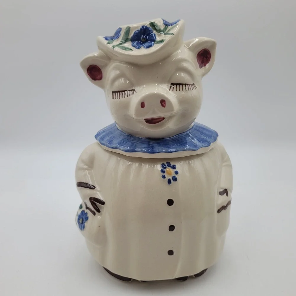 VTG Shawnee Winnie Ceramic Pig Cookie Jar Hand Painted Floral Hat Blue CHIP