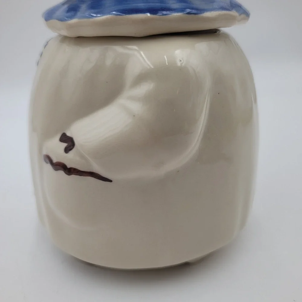 VTG Shawnee Winnie Ceramic Pig Cookie Jar Hand Painted Floral Hat Blue CHIP