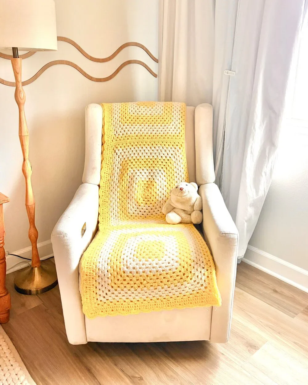 Vintage Granny Afghan Blanket Crochet Yellow & White 42