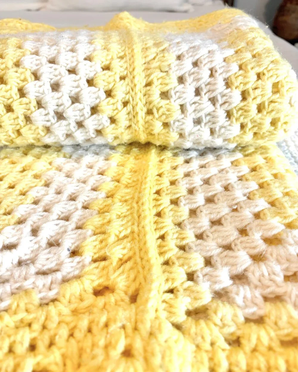 Vintage Granny Afghan Blanket Crochet Yellow & White 42