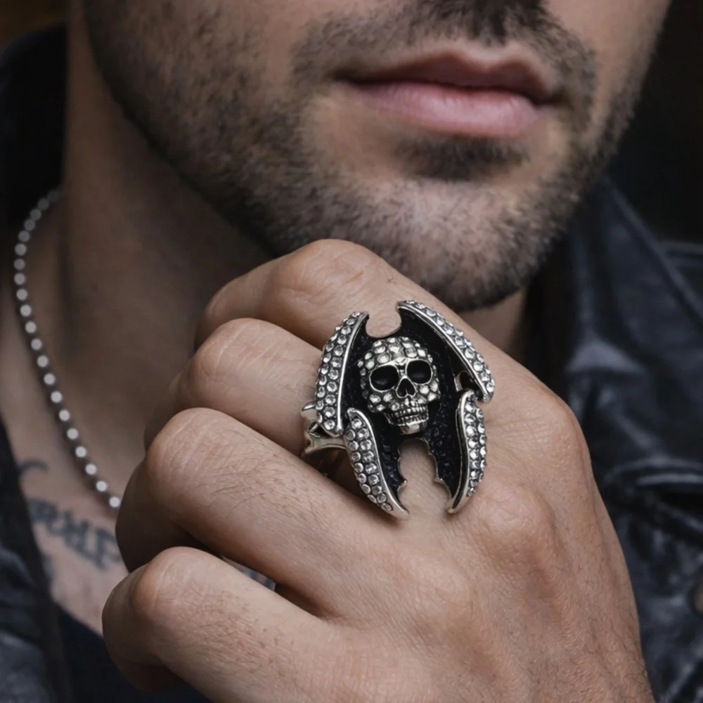 Size 9 Skull Bat Wing Rhinestone Ring Silver Tone Goth Statement NWOT