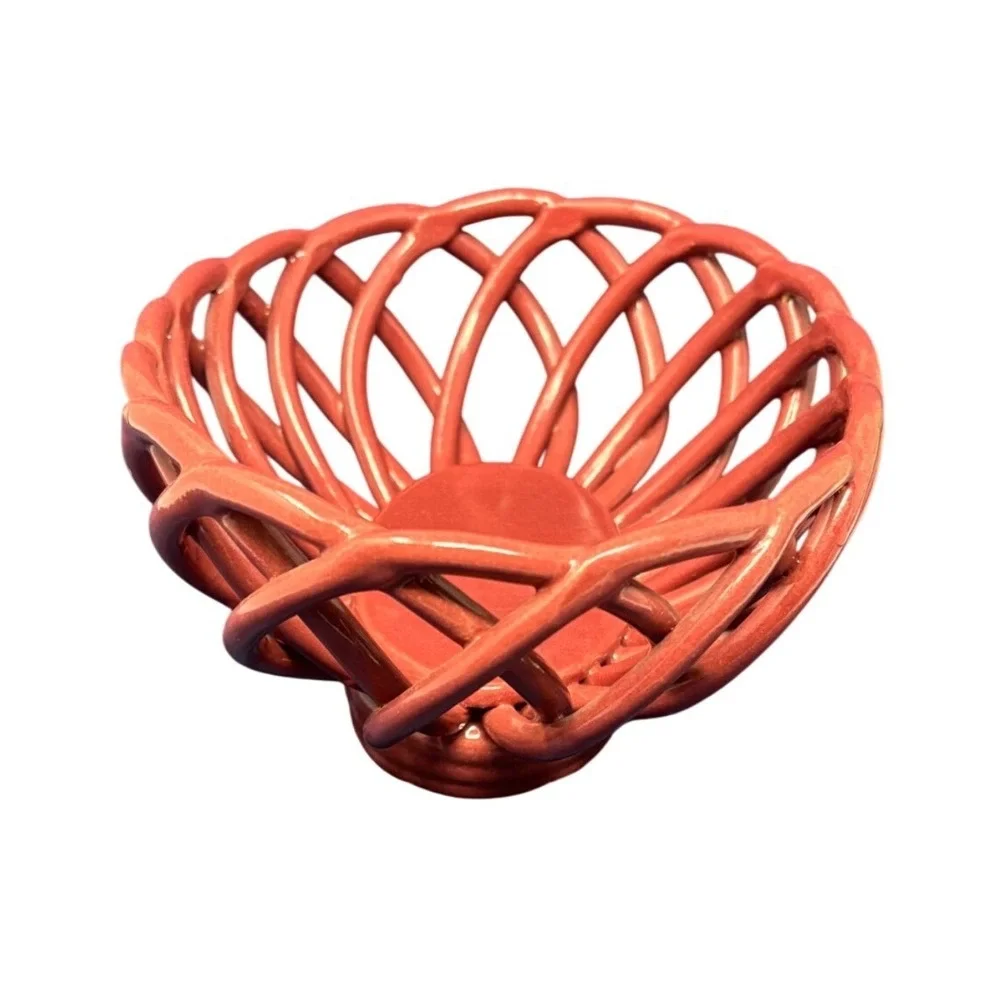 Signed Ceramic‎ Woven Lattice Bread Basket Bowl Cranberry Red Glazed Oval 9in