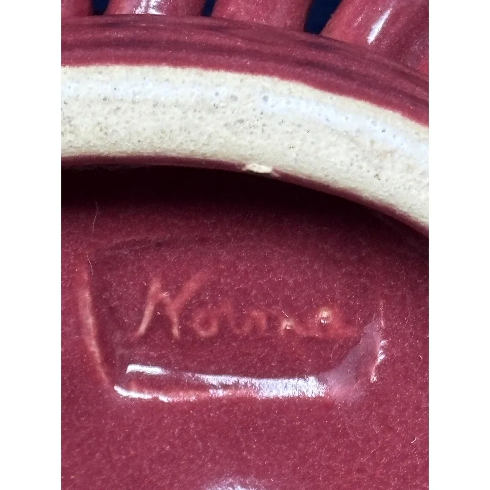 Signed Ceramic‎ Woven Lattice Bread Basket Bowl Cranberry Red Glazed Oval 9in