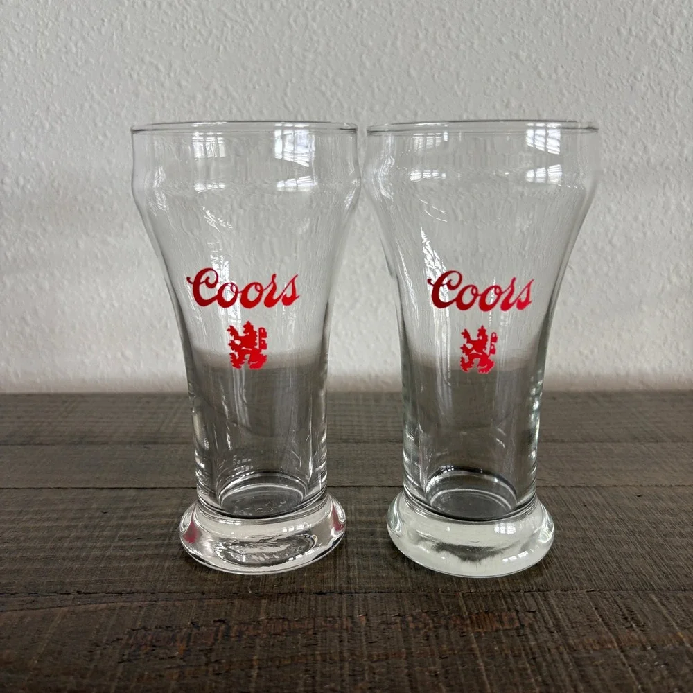 Coors Beer Pilsner Glasses Clear Red Vintage‎ Logo Lion Crest Set of 2